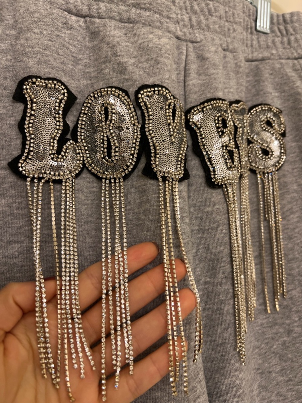 Akira Embellished 'LOVE' Rhinestone Bling on Grey Sweatpants Joggers